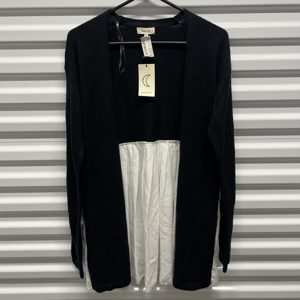 Crescent Cardigan Size S Womens Black White Mixed Media Pleated Chiffon Lace NWT